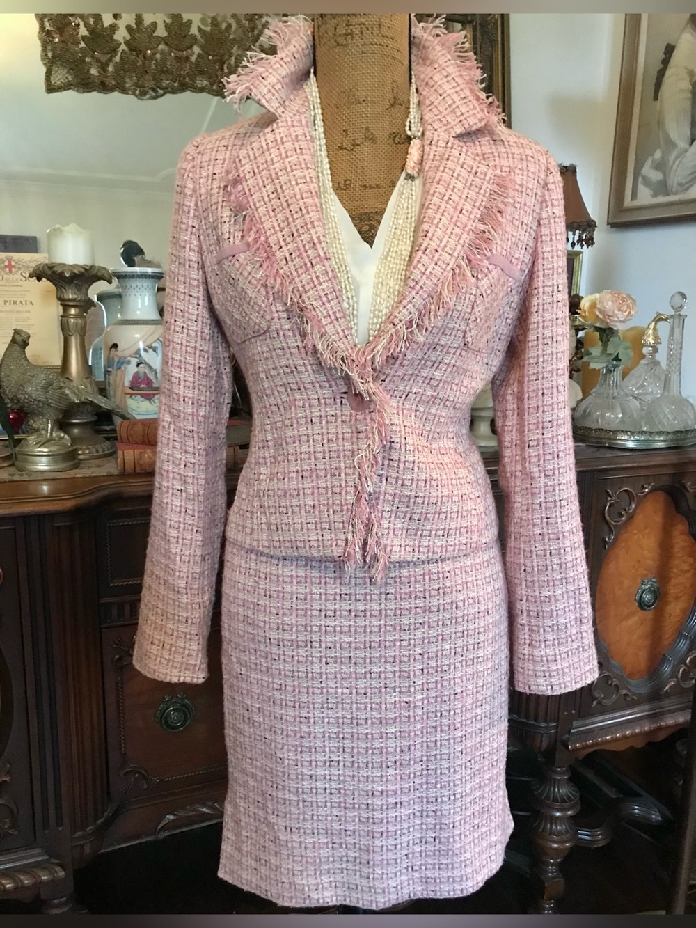 Vintage Peachy Pink Tweed Classic Skirt/Blazer & Banana Republic Tank Blouse Set